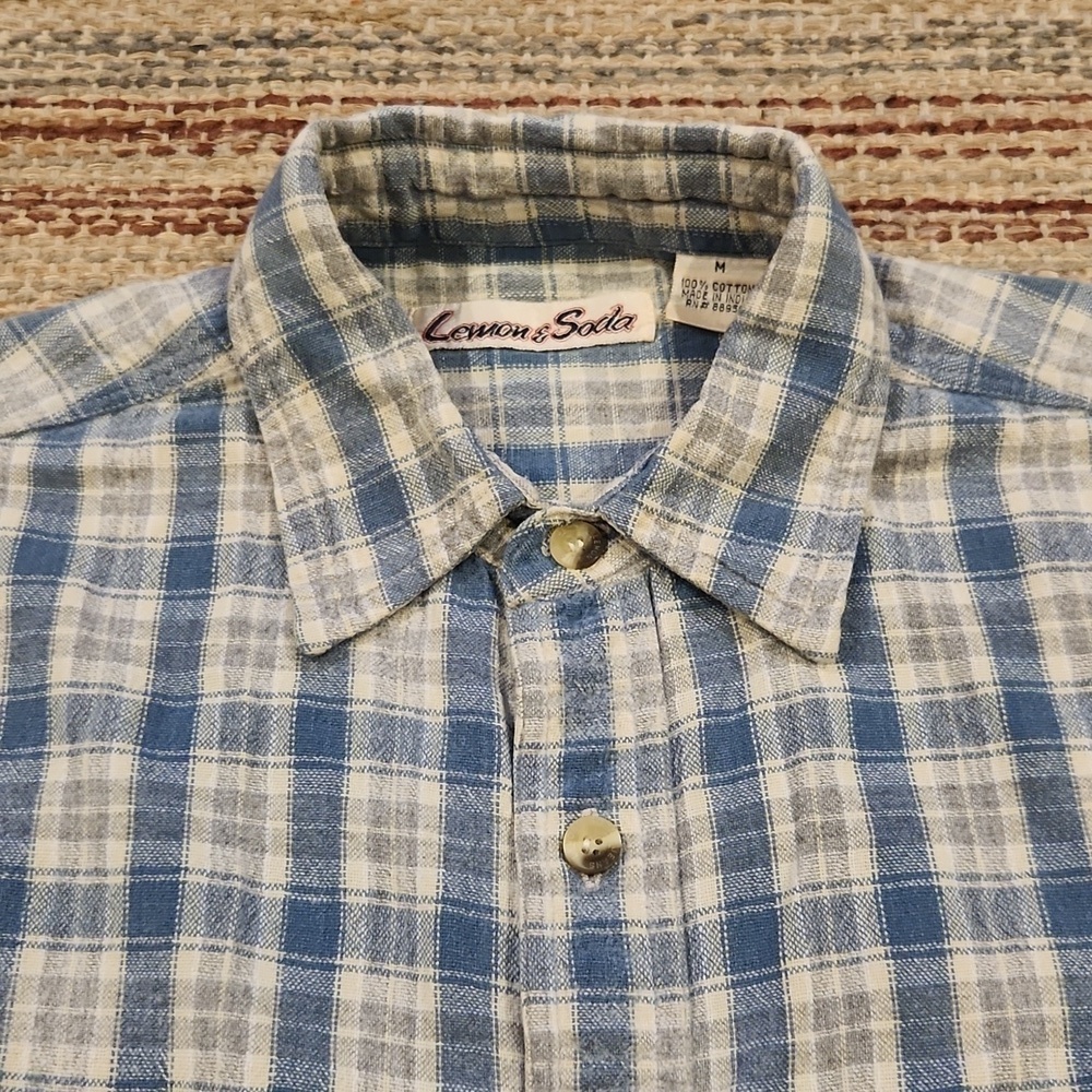 Lemon & Soda Blue & Gray Plaid Casual Button-Up Shirt - Picture 2 of 6